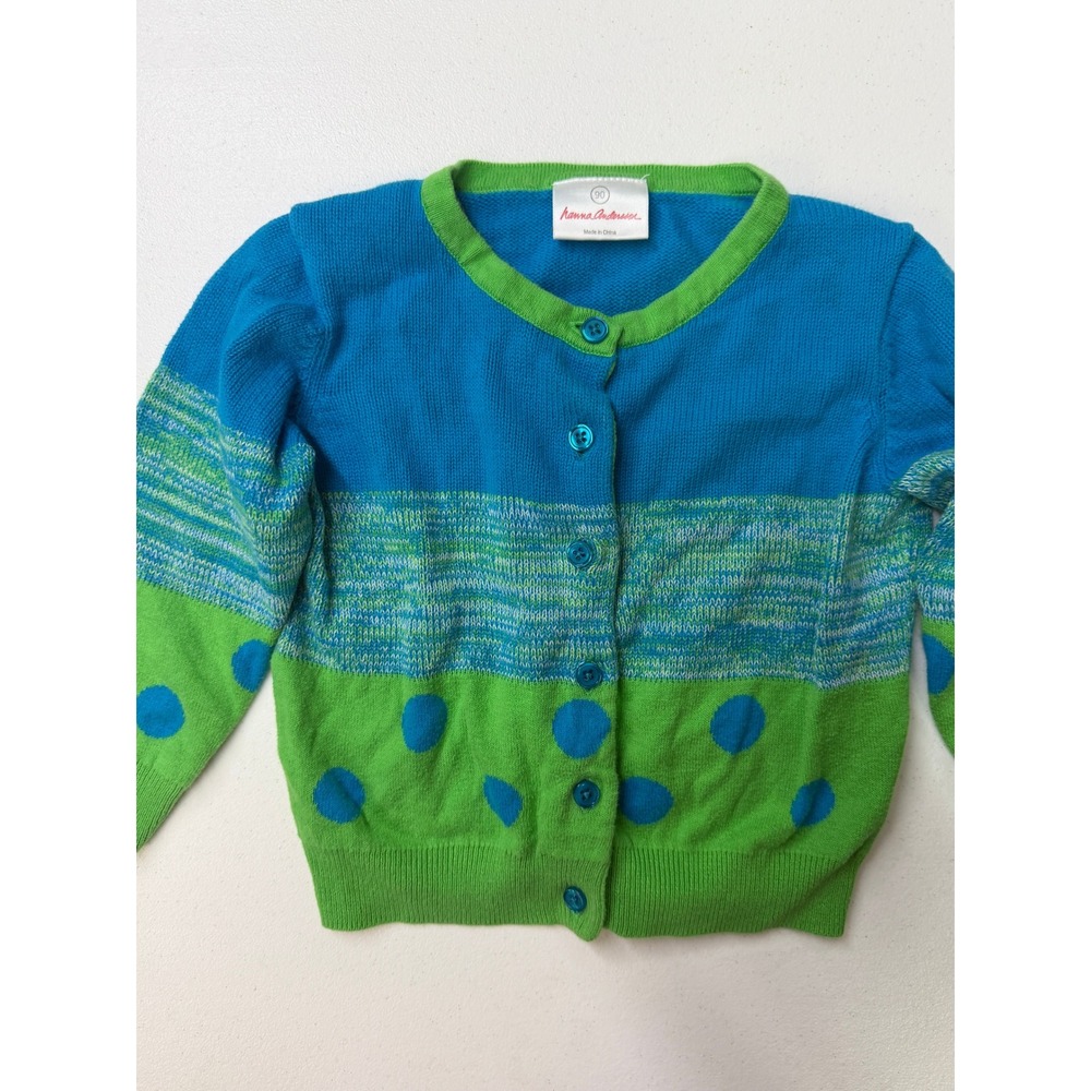 Hanna Andersson Kids Blue Green Colorblock Polka Dot Button Front Cardigan 90